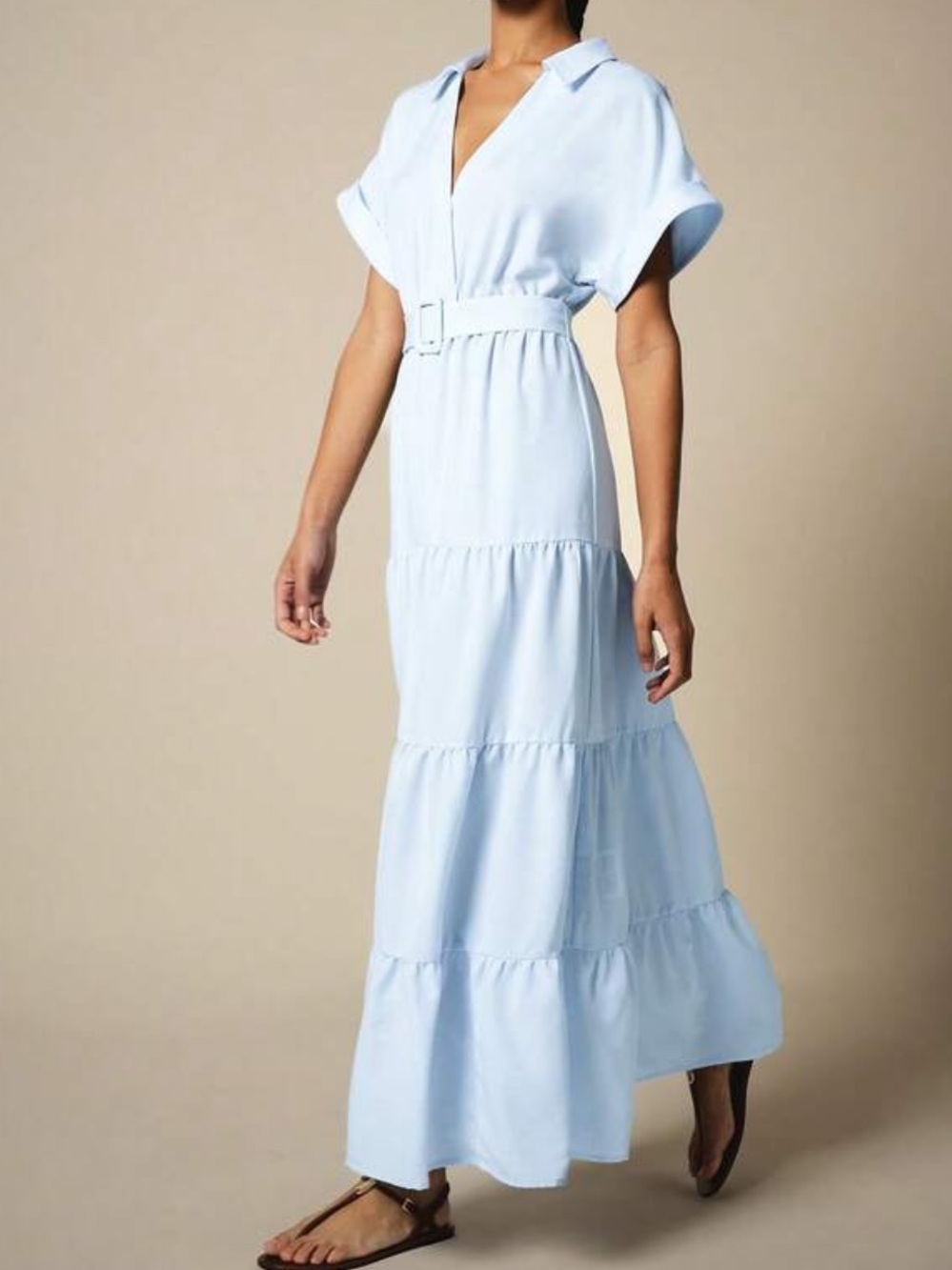 Light Blue Tiered Maxi Dress with Matching Belt